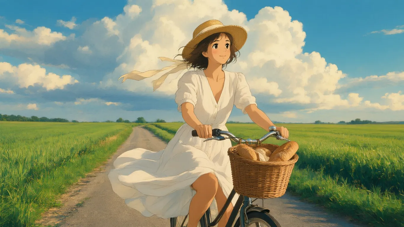 Photo of a woman in a sun hat cycling down a country lane under summer clouds (after)