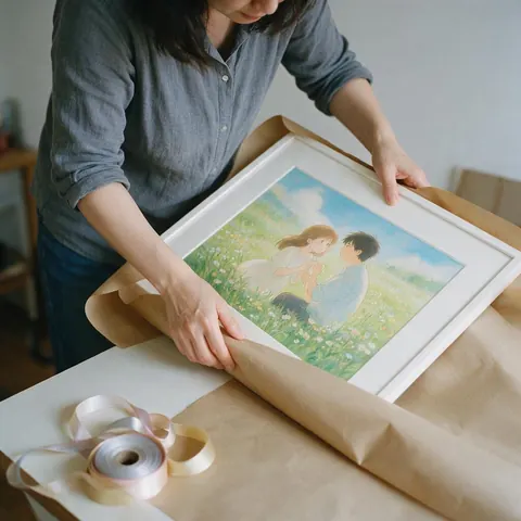 Wrapping a framed painted anime-style couple picture