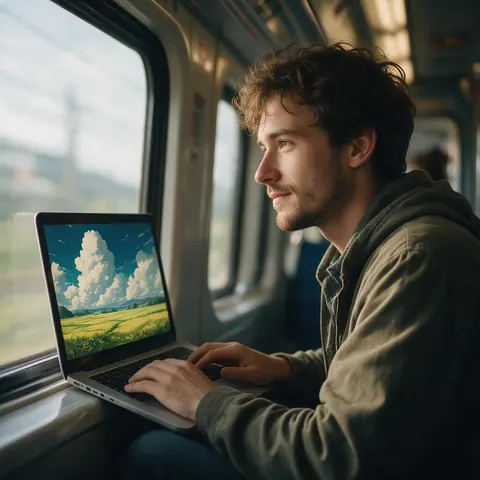 Blogger on a train with a painted landscape on his laptop