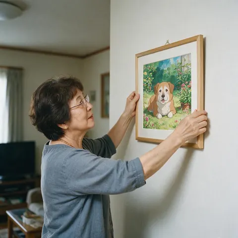 Hanging a painted picture of an old dog in a garden