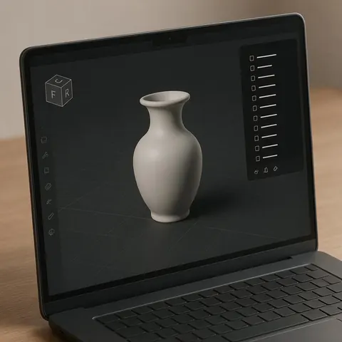 Laptop showing a grey vase model in a 3D app