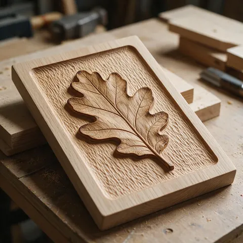 CNC carved wooden relief of an oak leaf