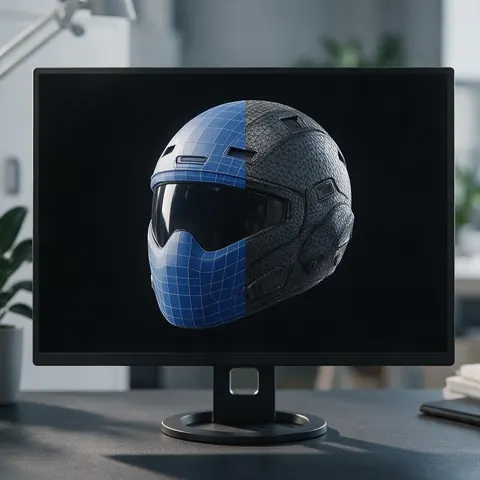 Monitor showing a helmet mesh half retopologised