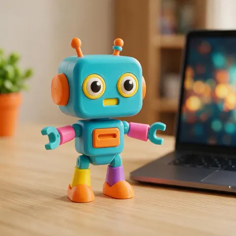 3D printed toy robot figure on a desk