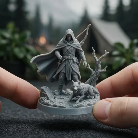 Grey 3D printed ranger miniature held between fingers
