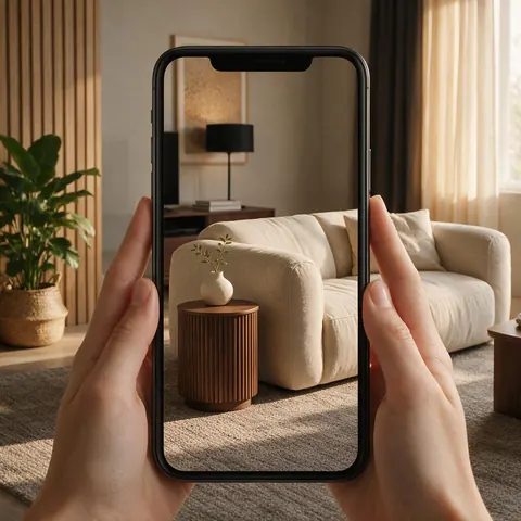 Phone showing a 3D side table placed beside a sofa in AR