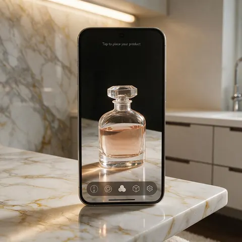 Phone showing a 3D perfume bottle on a counter in AR