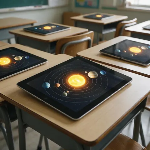 Classroom tablets showing a 3D solar system in AR