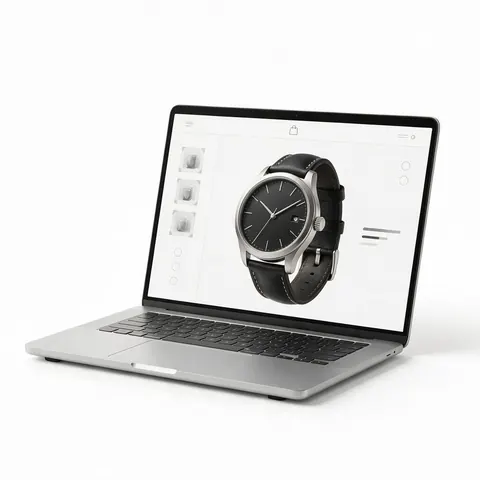 Laptop showing a web page with a 3D wristwatch model