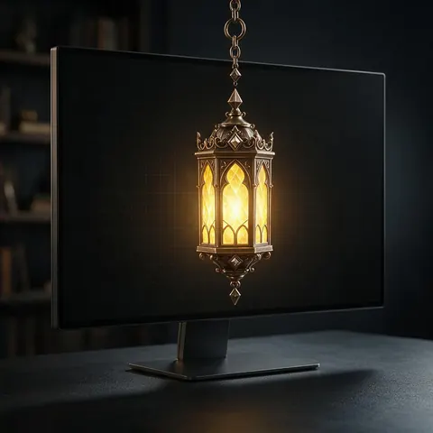 Monitor showing a 3D fantasy lantern with glowing glass