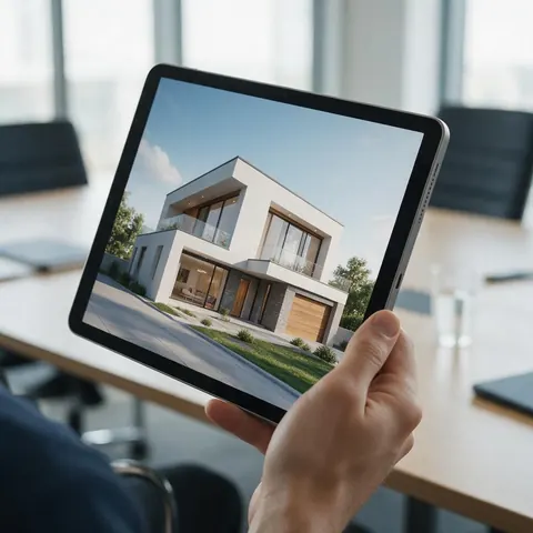Tablet showing a 3D model of a modern house
