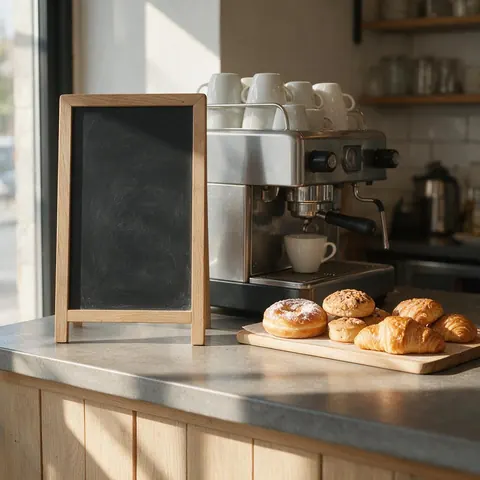 Blank chalkboard stand beside a cafe counter