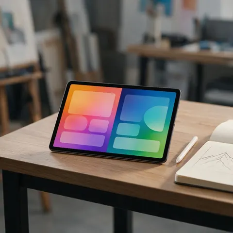 Tablet showing two colourful app layouts side by side