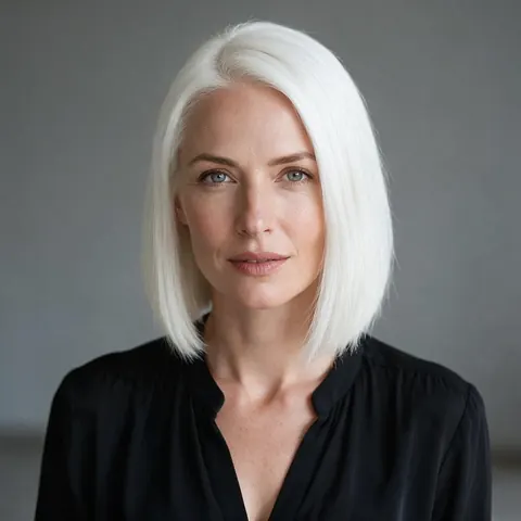 Woman in her late 30s with a snow-white bob