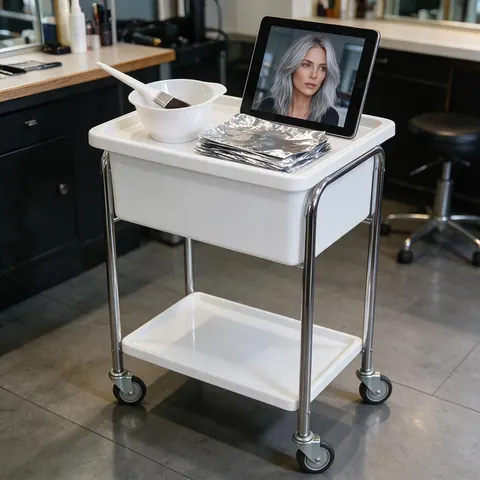 Toner bowl and foils beside a tablet with a grey hair preview