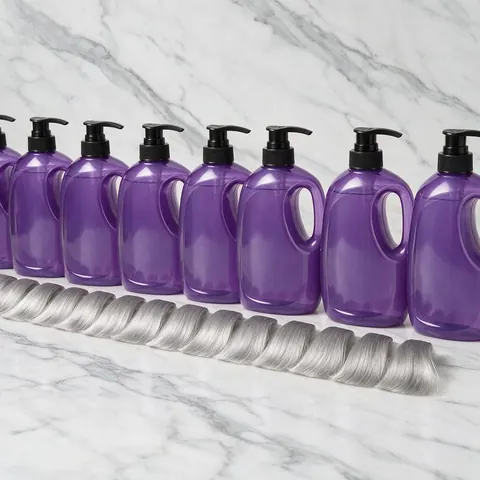 Unlabelled purple shampoo bottles and silver swatches