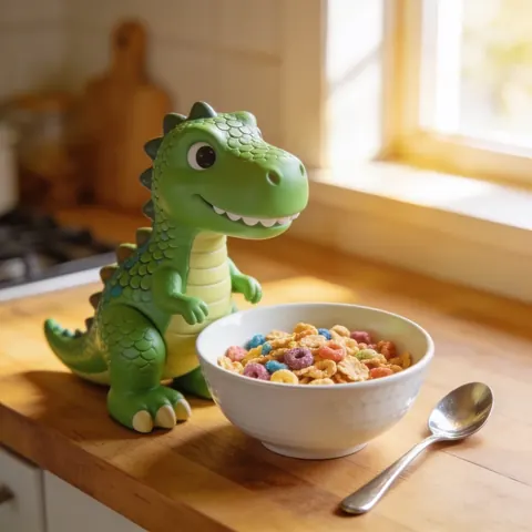 Green toy dinosaur next to a cereal bowl on a sunny kitchen table