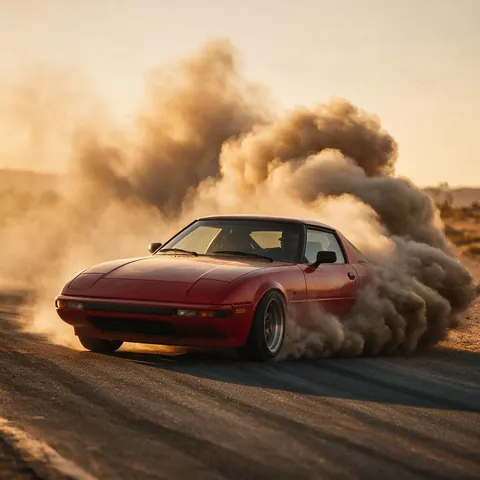Red retro sports car drifting on a desert road in a cloud of dust at sunset