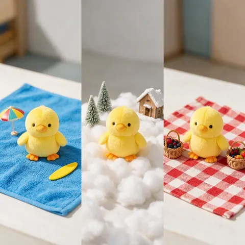 The same yellow bird mascot toy shown in three small tabletop scenes