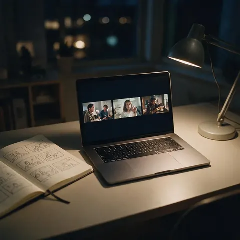Laptop with three video thumbnails and storyboard sketches