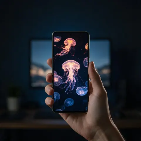Phone showing a vertical video of glowing jellyfish