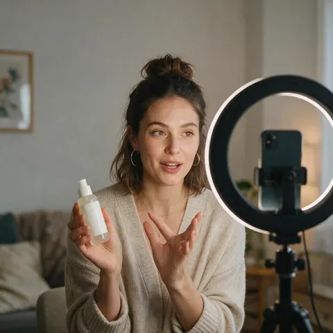 UGC-style frame of a creator reviewing a skincare bottle to camera