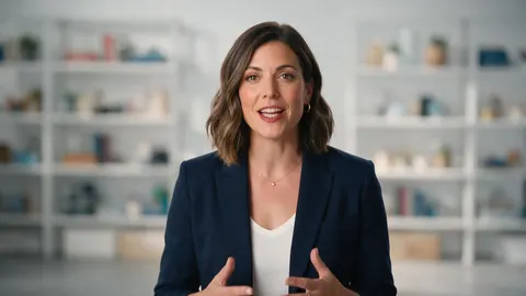 AI spokesperson in a navy blazer presenting to camera in a bright studio