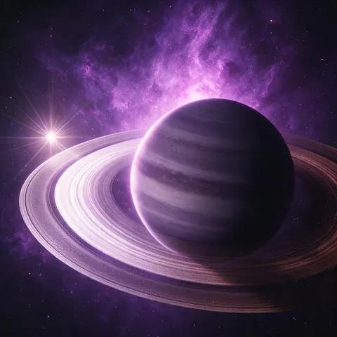 Gas giant with luminous rings in front of a violet nebula