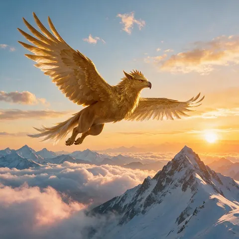 Golden griffin soaring over snowy peaks at sunrise
