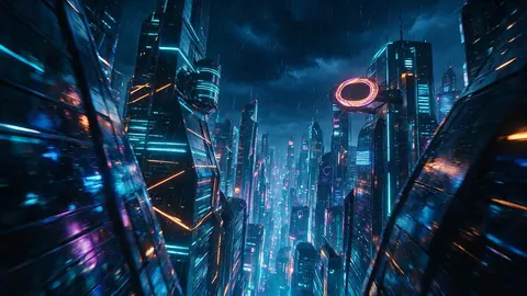 Cinematic drone view between neon skyscrapers in a rainy futuristic city