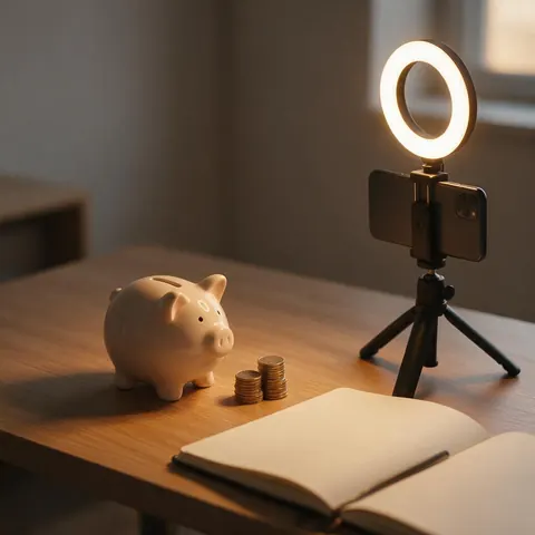 Piggy bank, coins and notebook in front of a phone on a tripod with a ring light
