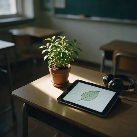 Sunlit potted plant beside a tablet with a leaf diagram and headphones