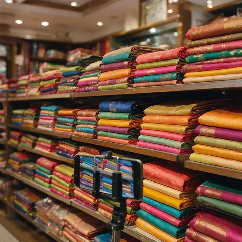 Shelves of bright folded fabrics with a phone on a stand recording