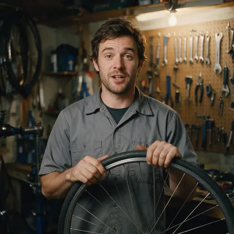 Bicycle mechanic holding a wheel and talking to camera