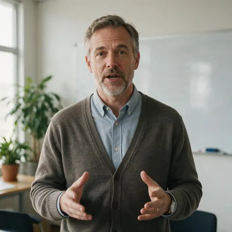 Trainer speaking to camera in a bright meeting room