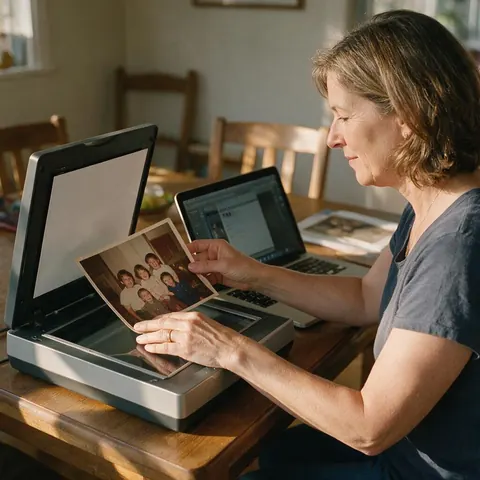 Woman scanning an old family photo print next to a laptop