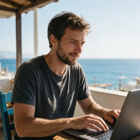 Travel blogger on a terrace with a laptop and a sea view