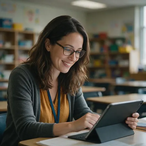Teacher at a desk in an empty classroom looking at a tablet