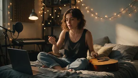 A singer-songwriter with an acoustic guitar in a small bedroom studio