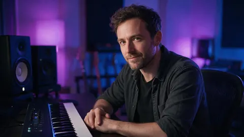 A producer at a desk with a MIDI keyboard and studio monitors in purple light