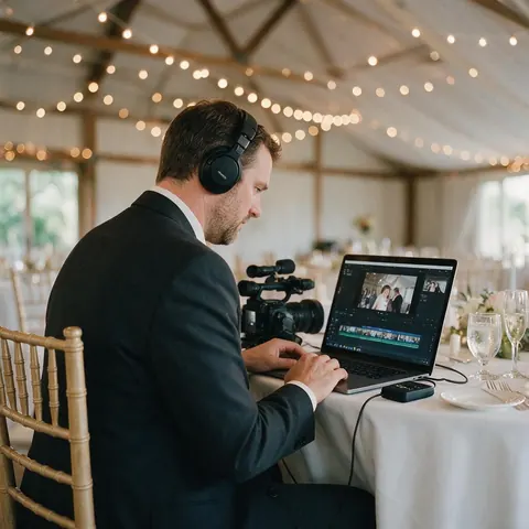 Videographer reviewing wedding footage on a laptop at the venue