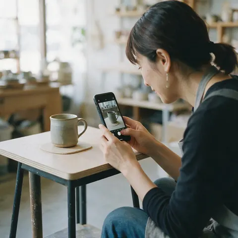 Shop owner filming a handmade mug on a tabletop set