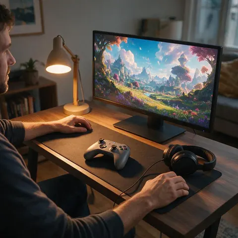 Gaming creator at a desk with a controller and monitor