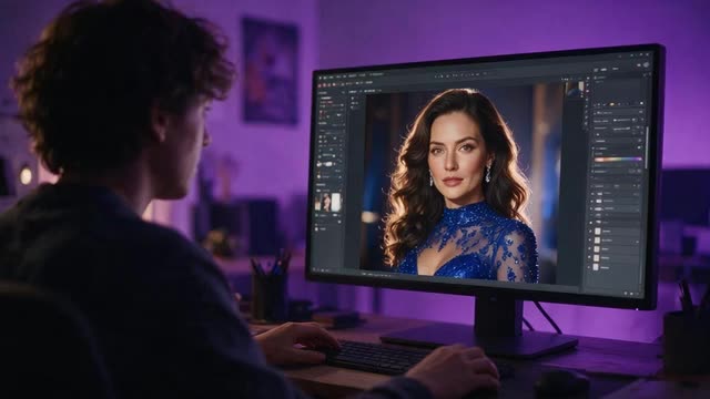 Slow push toward a monitor showing a glamour portrait in an image studio