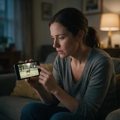 Woman on a sofa pausing a home video of a dog on her phone