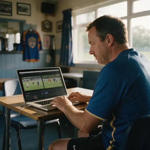 Man comparing two versions of a match video on a laptop in a clubhouse