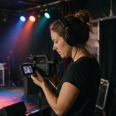 Videographer reviewing footage on a camera screen backstage