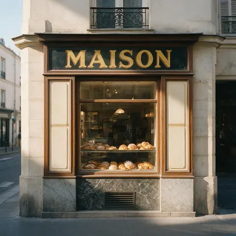 Bakery storefront with a gold hand-painted sign above the window