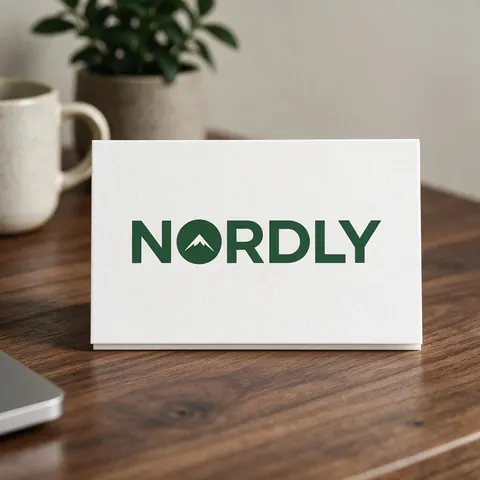 Green NORDLY wordmark with a mountain in the O printed on a card