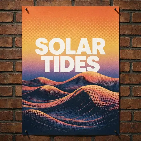 SOLAR TIDES concert poster with a sunset gradient pinned on a brick wall